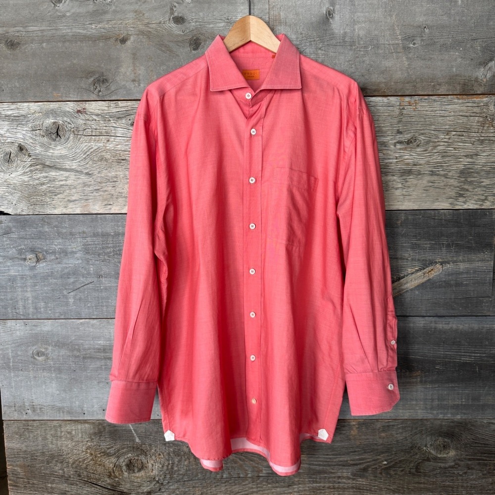 BRULI Swiss Made Men's Long‎ Sleeve Cotton Dress Shirt XL Coral Pink Luxury
